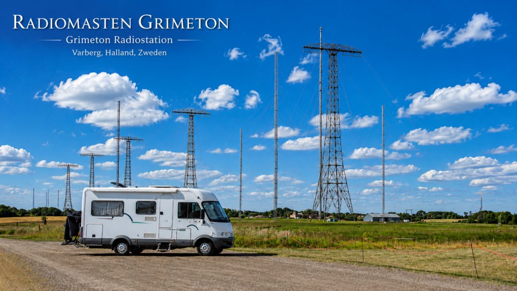 Mobile home in front of the Grimeton radio masts