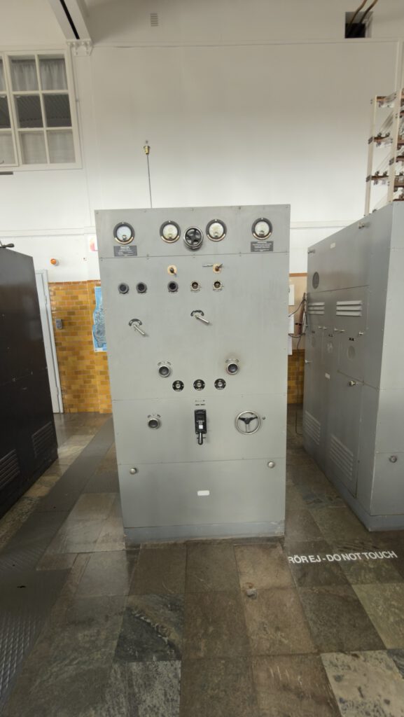 Grey control cabinet with meters at Grimeton