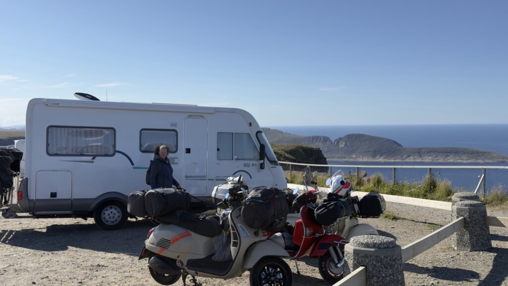 Mobile home and scooters at the North Cape