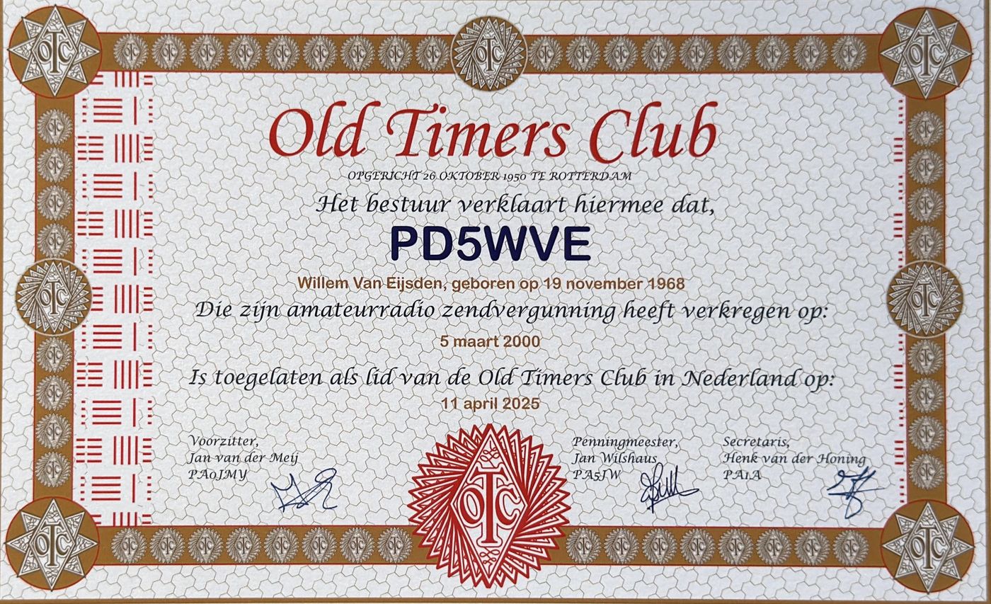 Old Timers Club membership certificate for PD5WVE, Willem van Eijsden