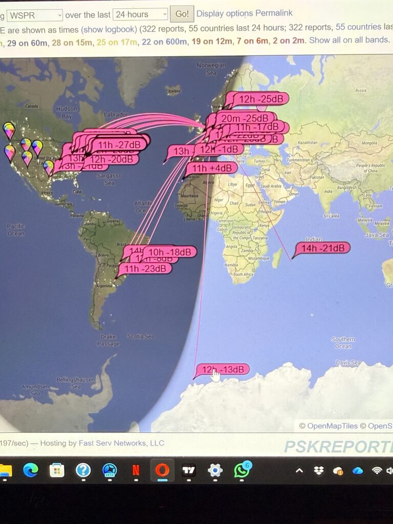 WSPR spots on the PSK Reporter map after 24 hours on 10 metres